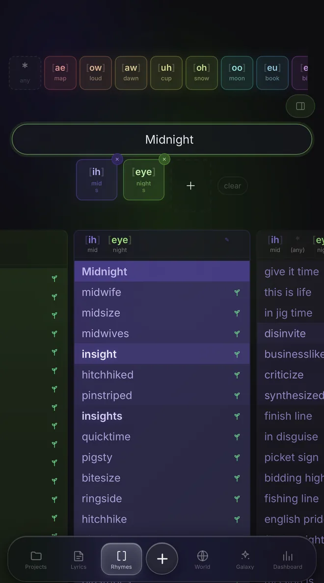 Rhymes for 'midnight', grouped by vowel sound