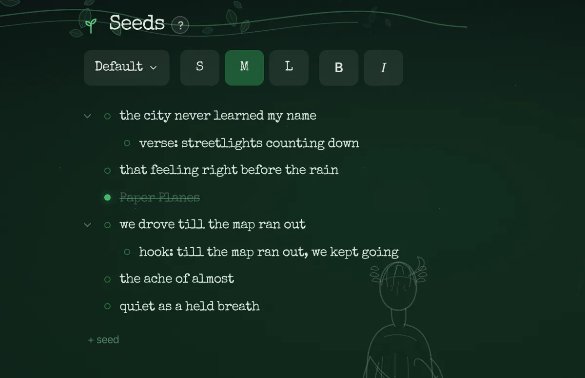 A list of seeds: song lines and titles, some nested, one crossed out