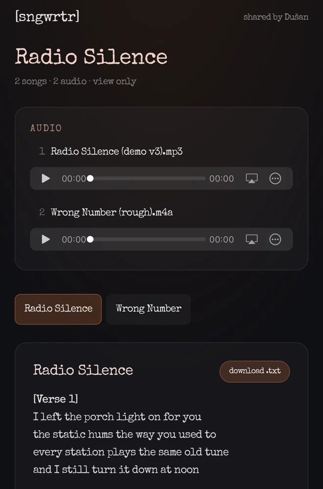 A shared project page with two demos and the lyrics